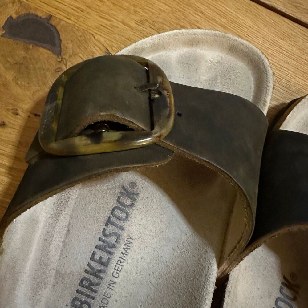 Birkenstock Single Strap Sandals in Dark Brown with Brass Buckles - Picture 5 of 9